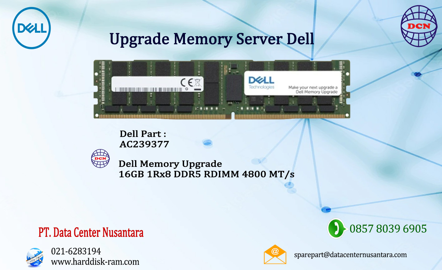 Dell AC239377 | Dell Memory Upgrade 16GB 1Rx8 DDR5 RDIMM 4800 MT/s